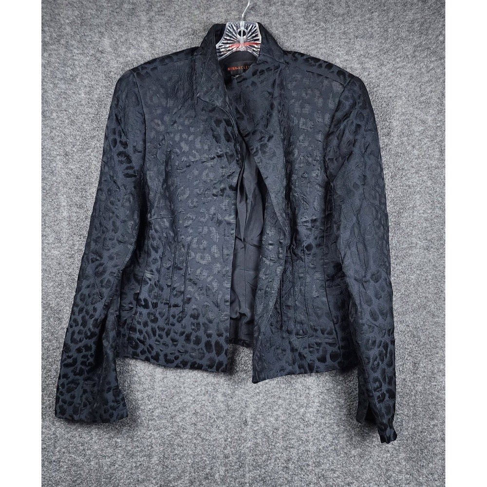 Nina McLemore Blazer Jacket Womens 12 Black Silk Blend Leopard Jacquard USA Made